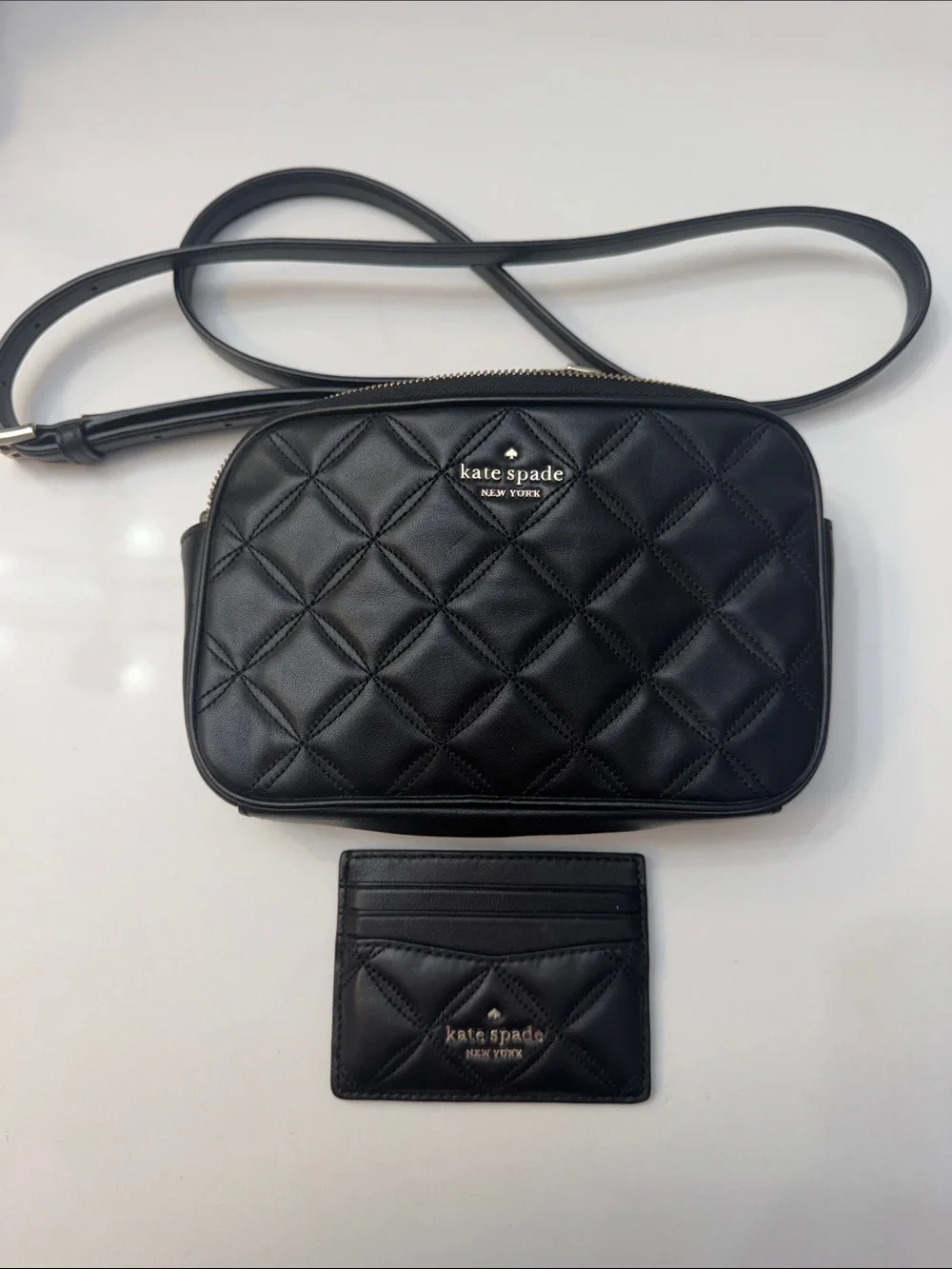 kate spade Black Quilted Leather Crossbody with Card Holder